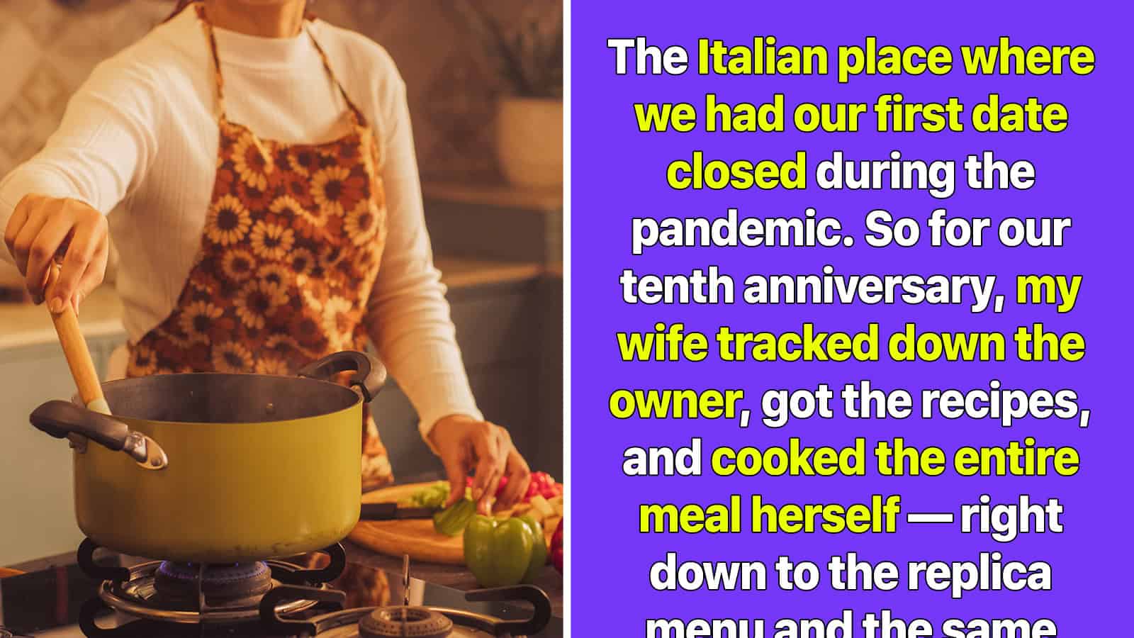 Woman cooking in kitchen with text about a pandemic anniversary and homemade meal.