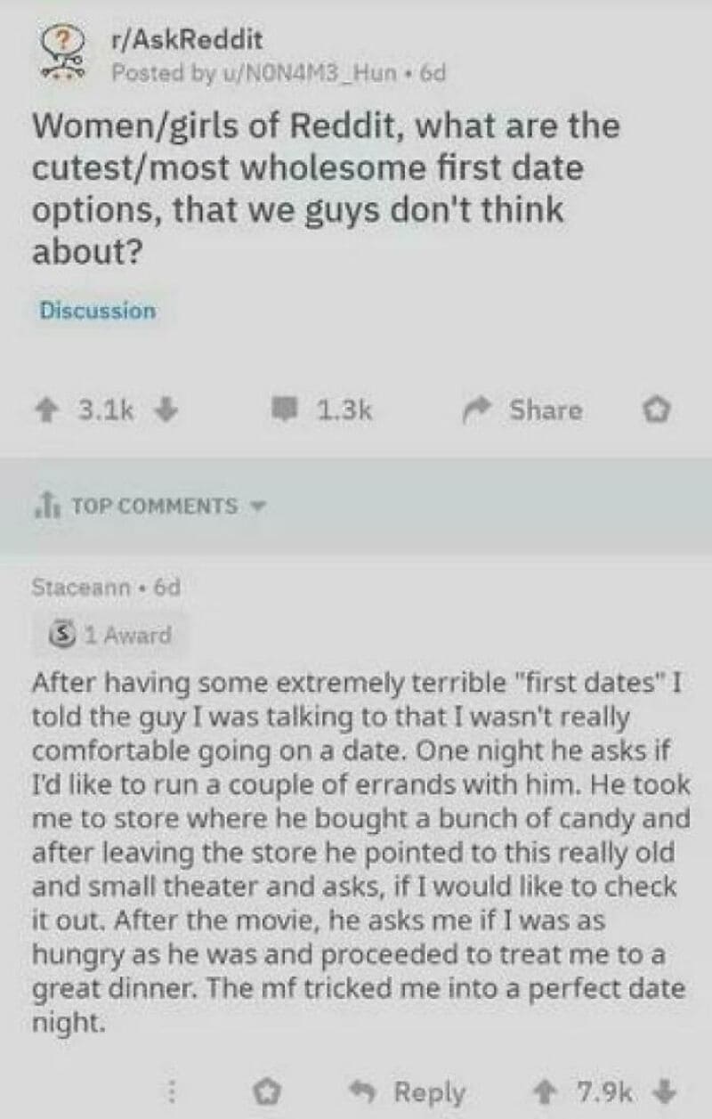 Reddit post about first date stories with a comment about a perfect date night.