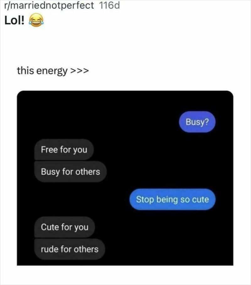 Text conversation about being busy and cute, with humorous responses.