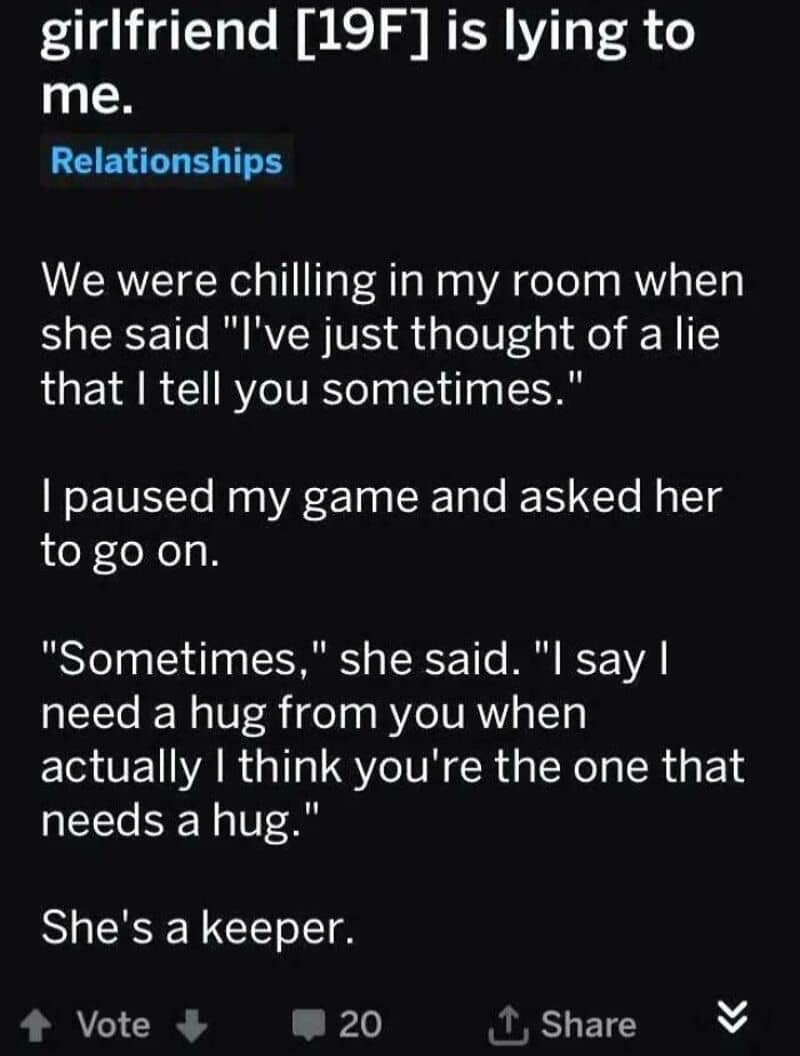 Wholesome meme about a girl lying to her boyfriend and asking for a hug.
