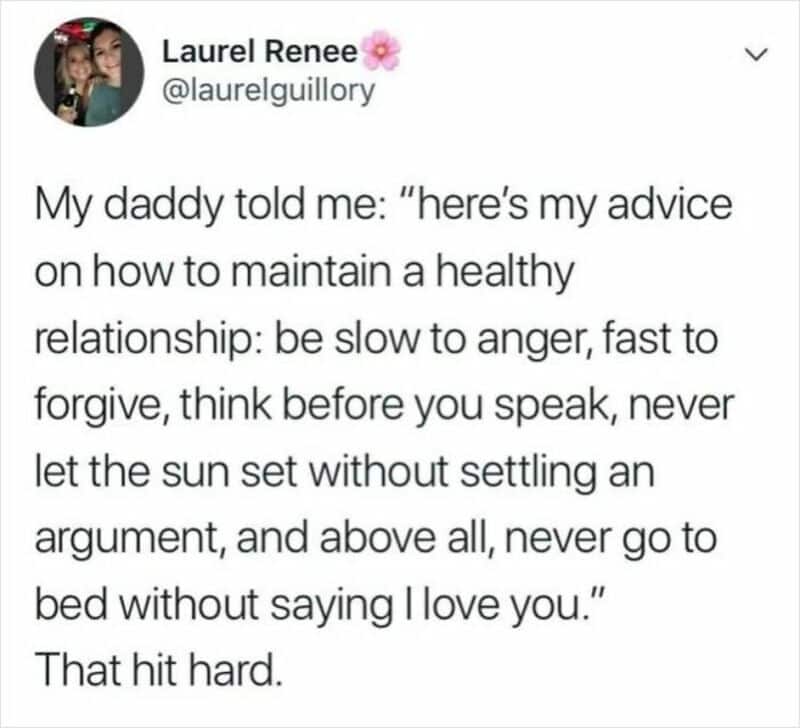 A tweet by Laurel Renee with relationship advice from her dad.