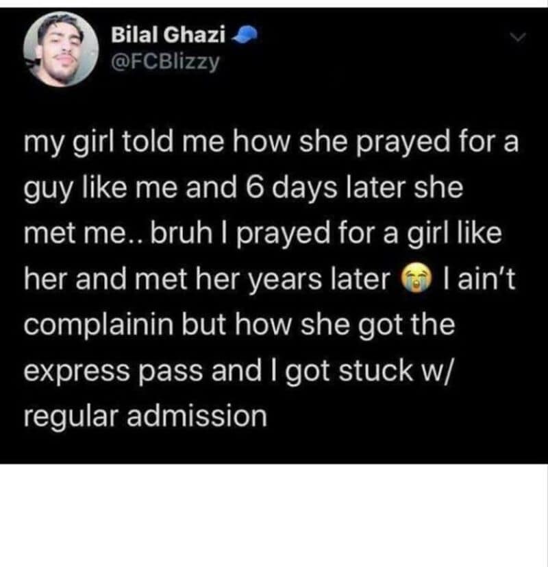 Twitter post about praying for a girl and meeting her years later with express pass.