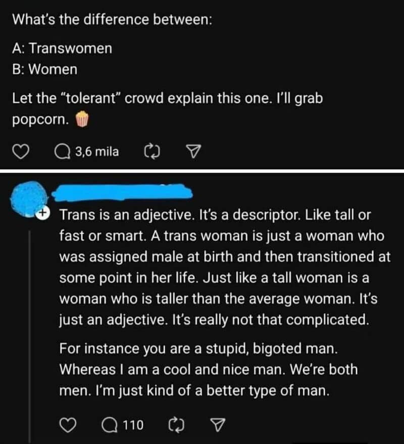 Humorous post about transwomen and women with popcorn emoji.