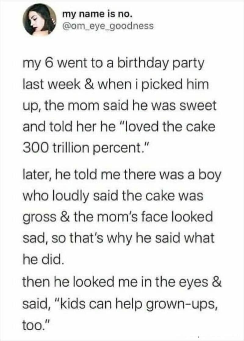 A girl shares a funny story about her 6-year-old at a birthday party.