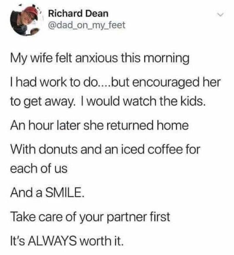 A tweet by Richard Dean about his wife returning home with donuts and coffee, smiling.