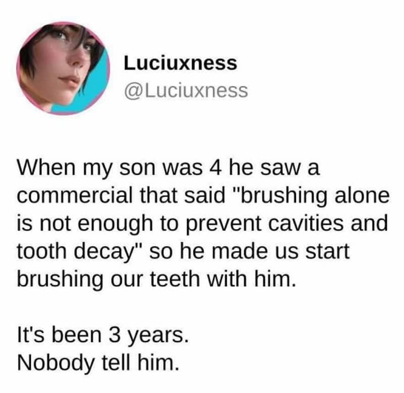 A humorous social media post about a boy brushing his teeth with his mother.