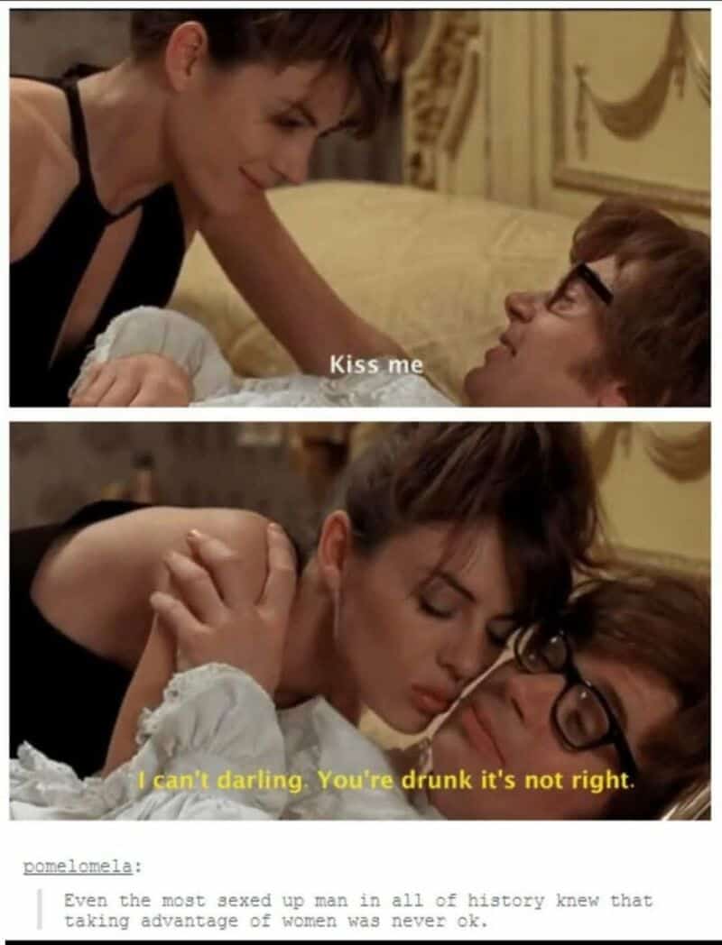 Woman leaning over man, saying 'Kiss me'; man with glasses lying down, woman leaning over him.