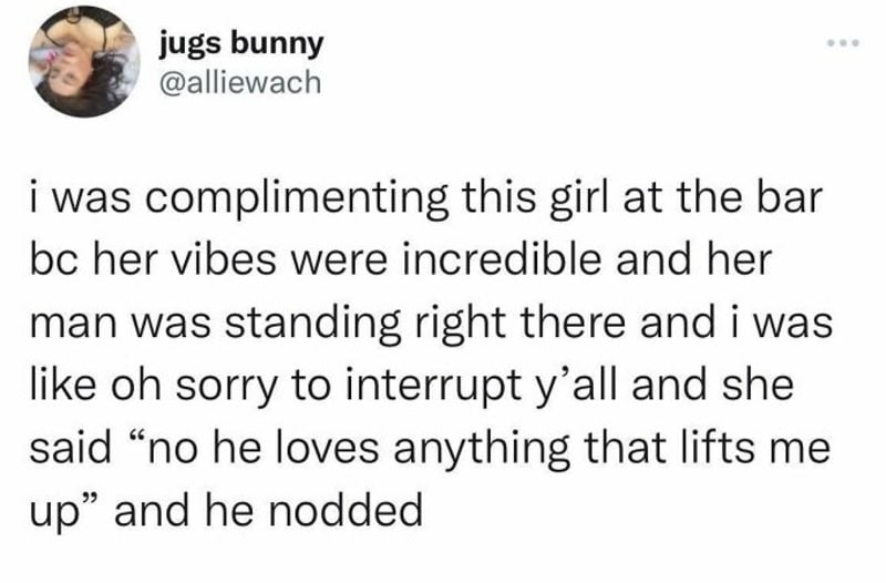 A social media post about complimenting a girl at a bar and her boyfriend's response.