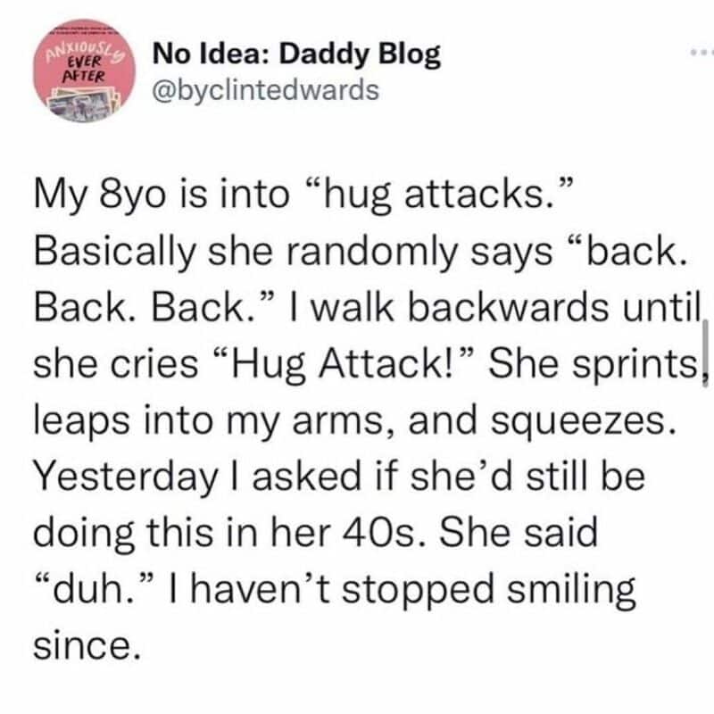A social media post about an 8-year-old's hug attacks, with a humorous story.