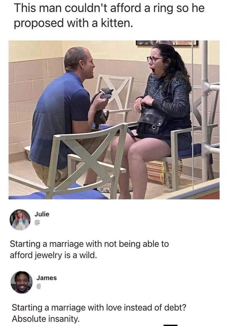 Man proposes with kitten, woman reacts happily, in a waiting room.