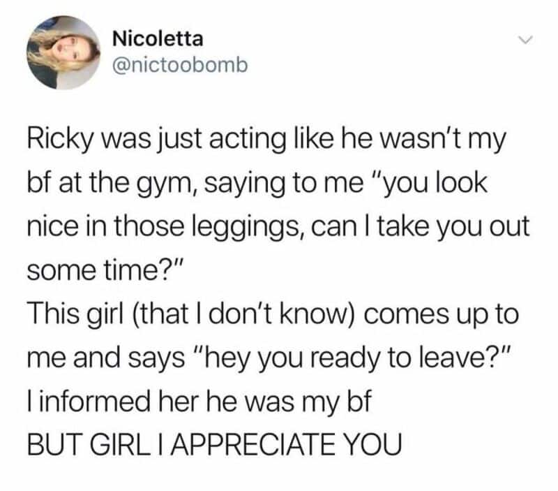 A tweet from Nicolette about Ricky acting like her boyfriend at the gym and a girl asking if she's '.