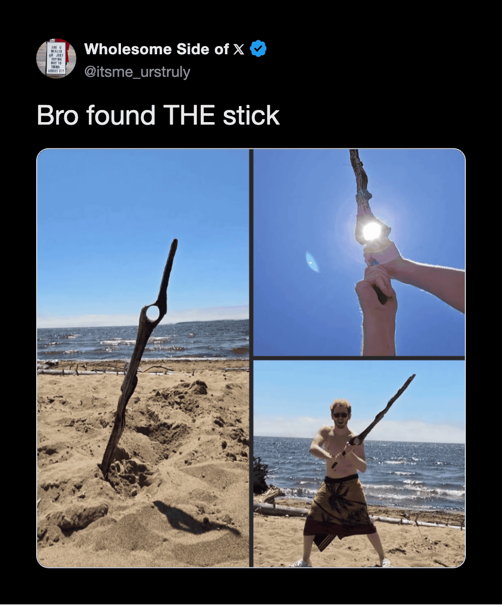 Three photos of a stick found on the beach, one in the sand, one held up against the sun, and one a.