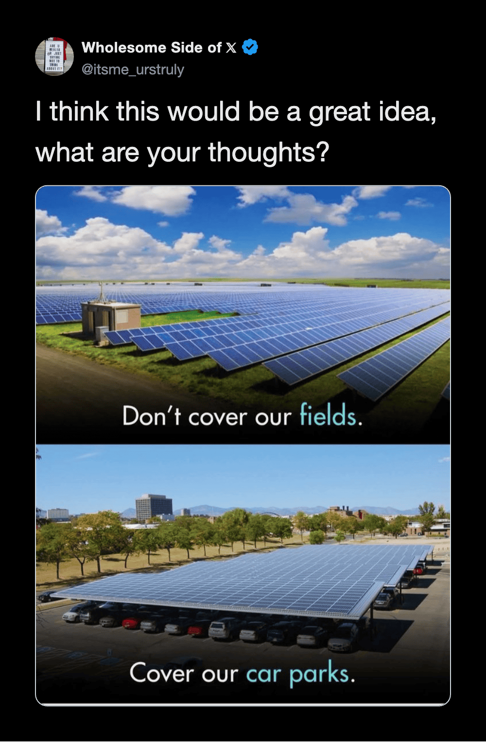 Solar panels on fields and in car parks with text about covering fields and car parks.