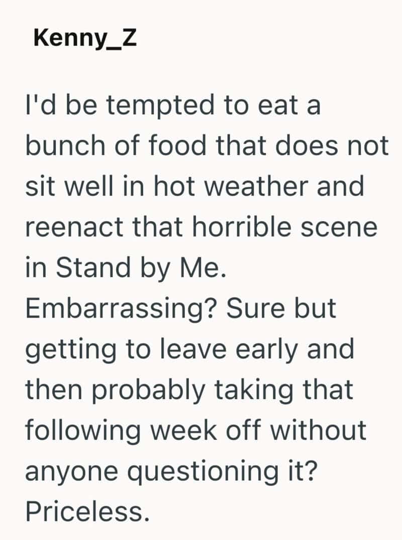 A person named Kenny_Z expresses frustration about eating in hot weather and taking time off.