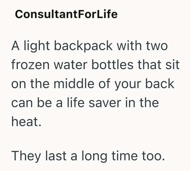 A light backpack with two frozen water bottles on the back.