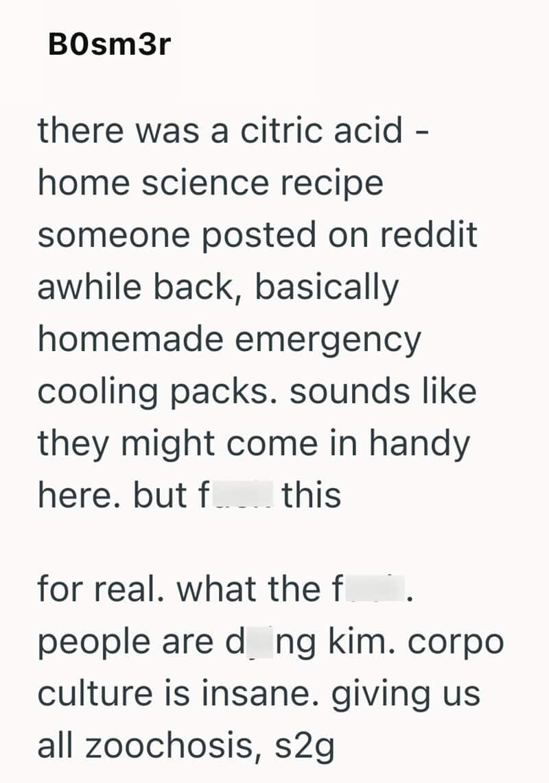 A text post about citric acid, home science, and homemade emergency cooling packs.