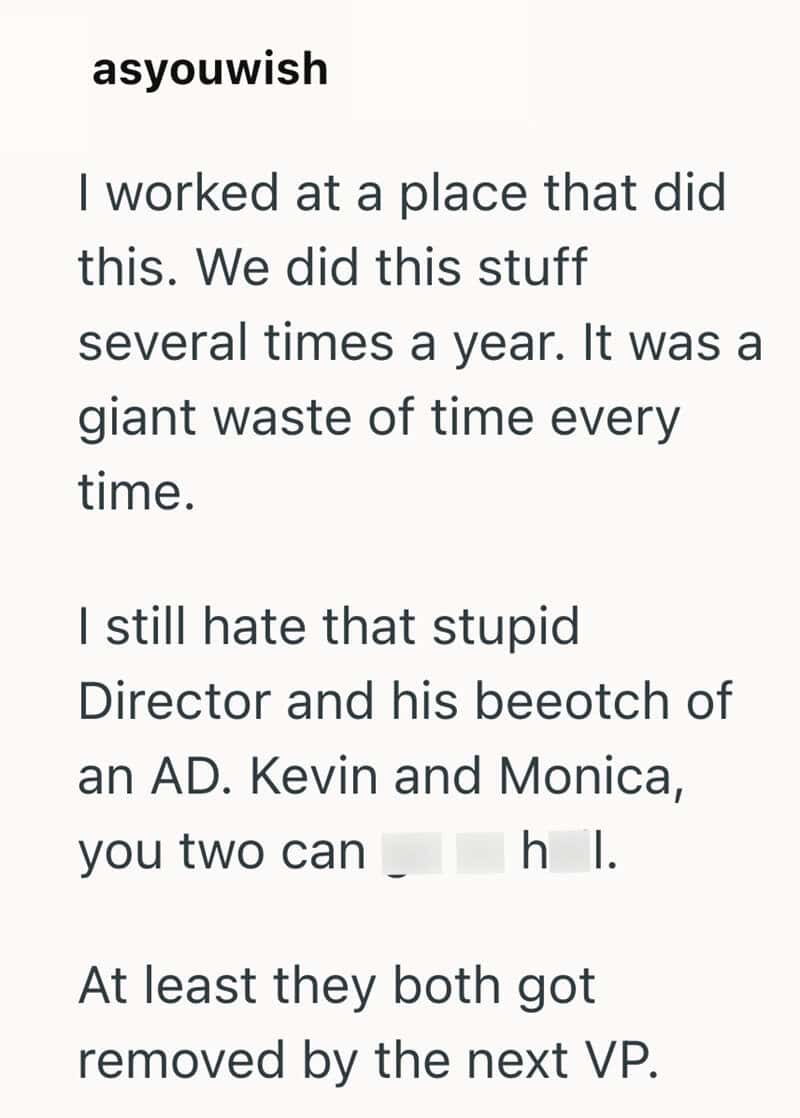 Text from a document criticizing a director, mentioning Kevin and Monica, and workplace frustrations.