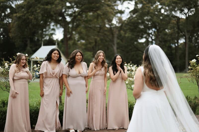 Bride in white dress with veil facing five bridesmaids in pink dresses outdoors.