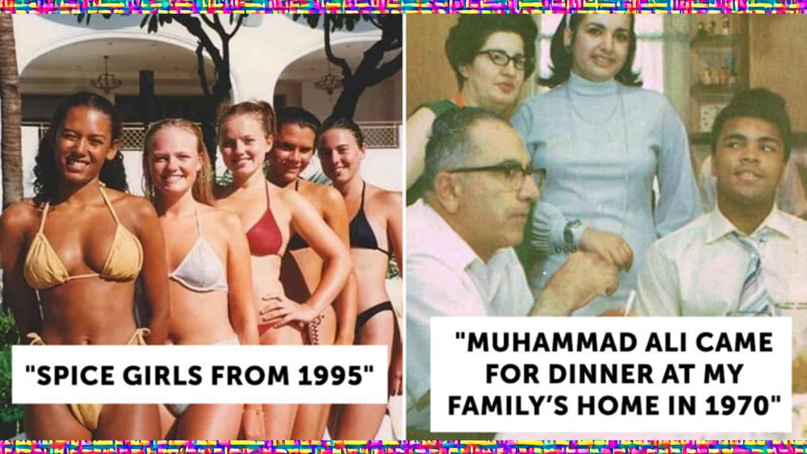 Group of women in bikinis from 1995 and a family dinner scene from 1970.