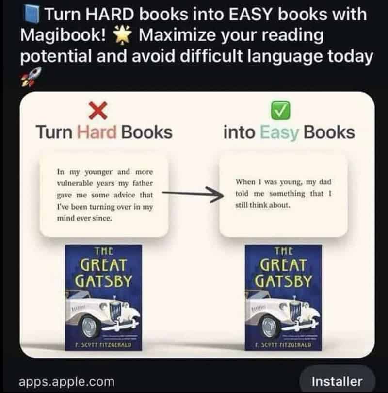 Diagram showing turning hard books into easy books with Magibook, with a book cover of The Great GAT.