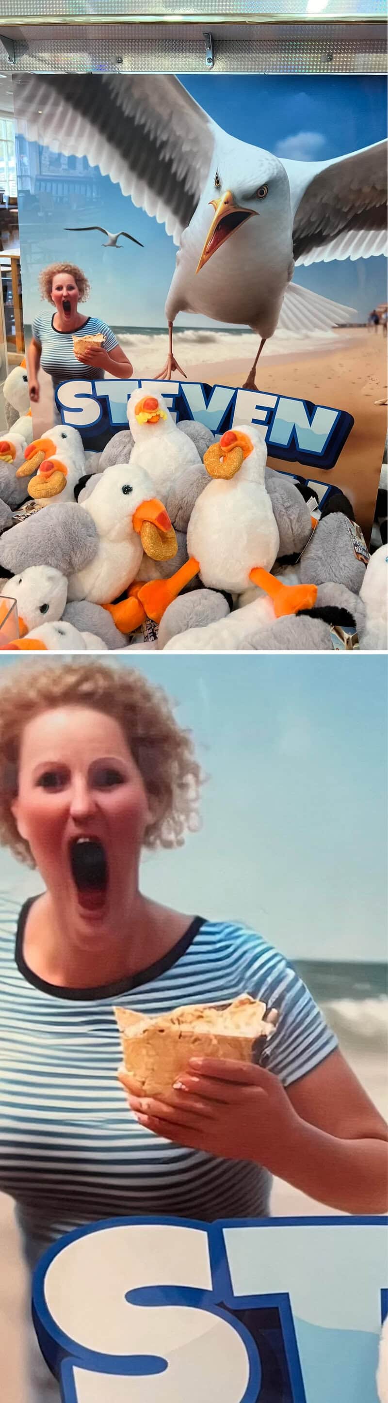A large seagull flying over a woman with a surprised expression holding a sandwich.