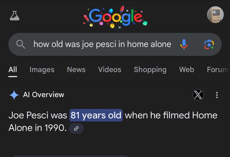 Screenshot of Google search showing Joe Pesci was 81 years old in 1990.