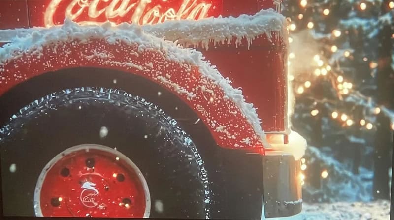 Close-up of a Coca-Cola truck with snow on the wheel and a Christmas tree in the background.