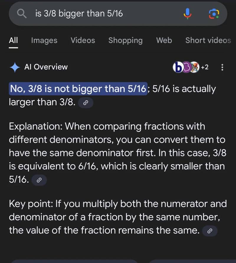 Screenshot explaining that 3/8 is not bigger than 5/16 with a detailed explanation.