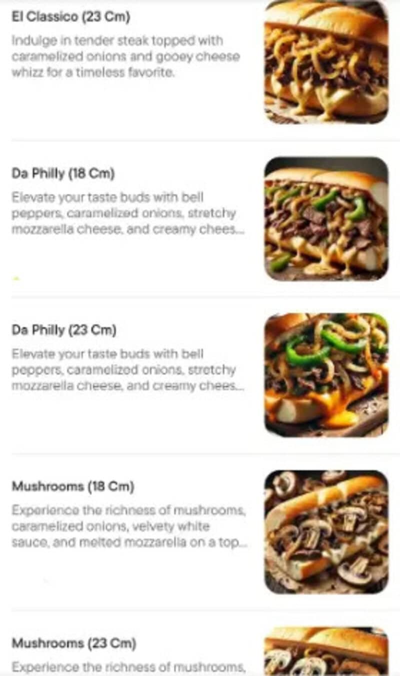 Sandwiches with caramelized onions, cheese, and toppings, various sizes=