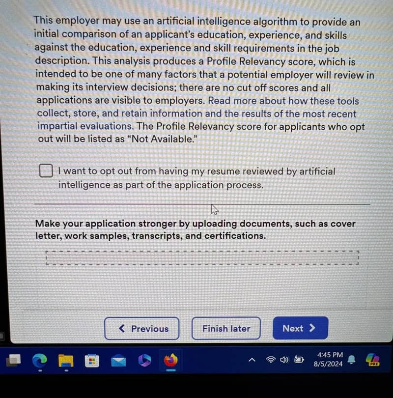 Text about AI use in job applications, with options to opt out and upload documents.