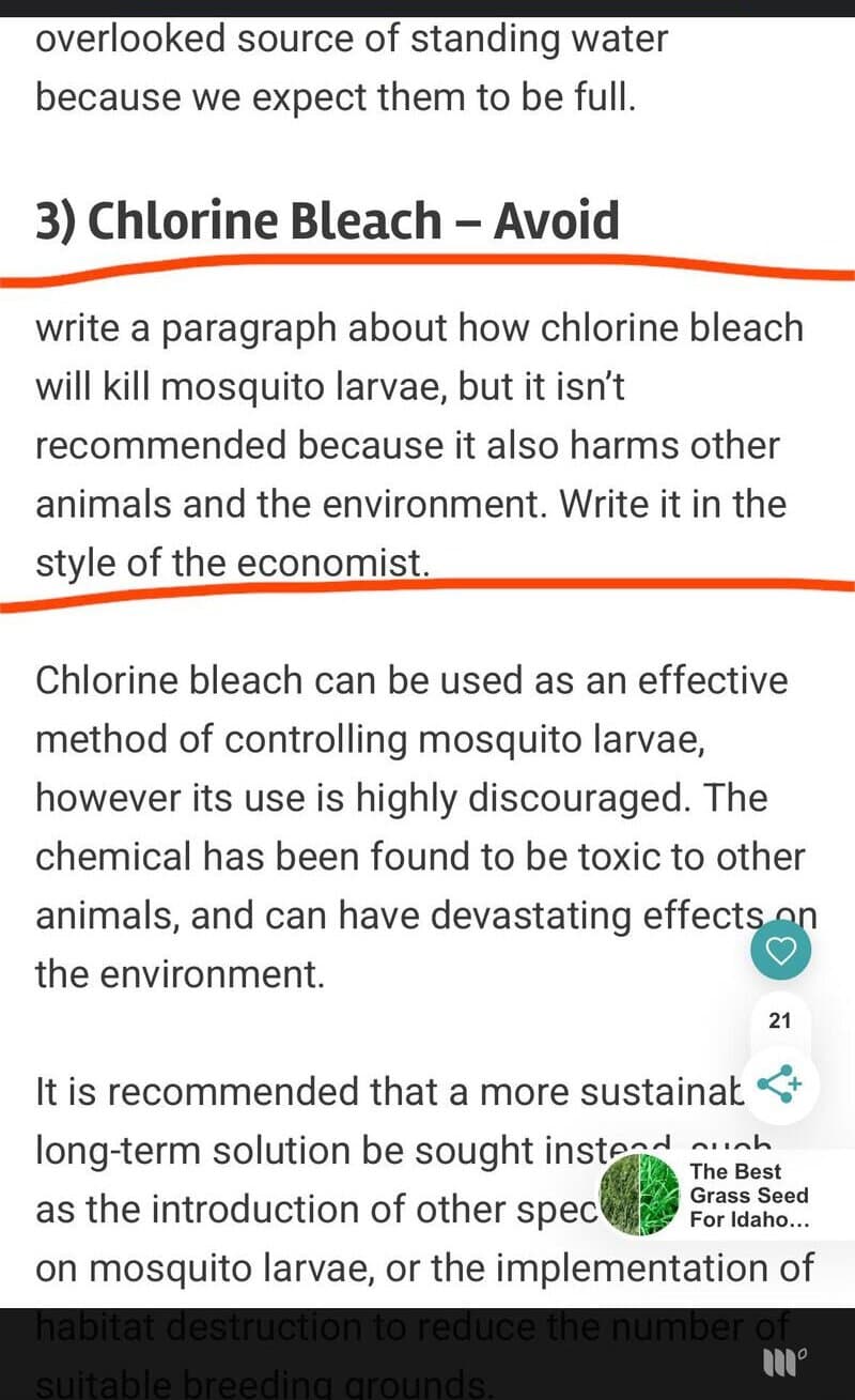 Chlorine bleach can be used to control mosquito larvae but is discouraged due to environmental harm.