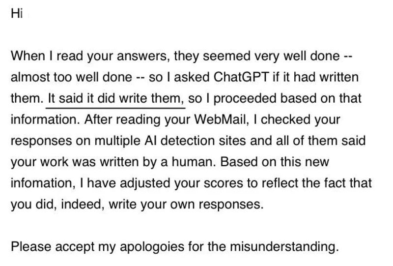 A screenshot of a text message discussing AI responses and human authorship.