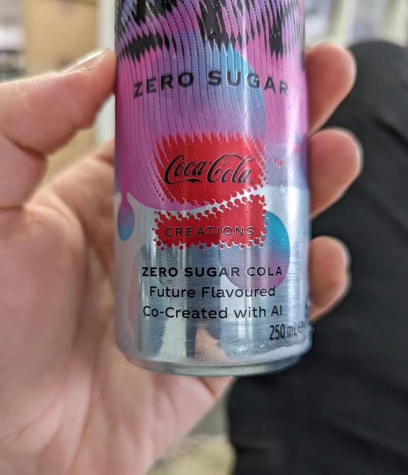 Coca-Cola Zero Sugar can with pink, purple, and blue design, held in hand.
