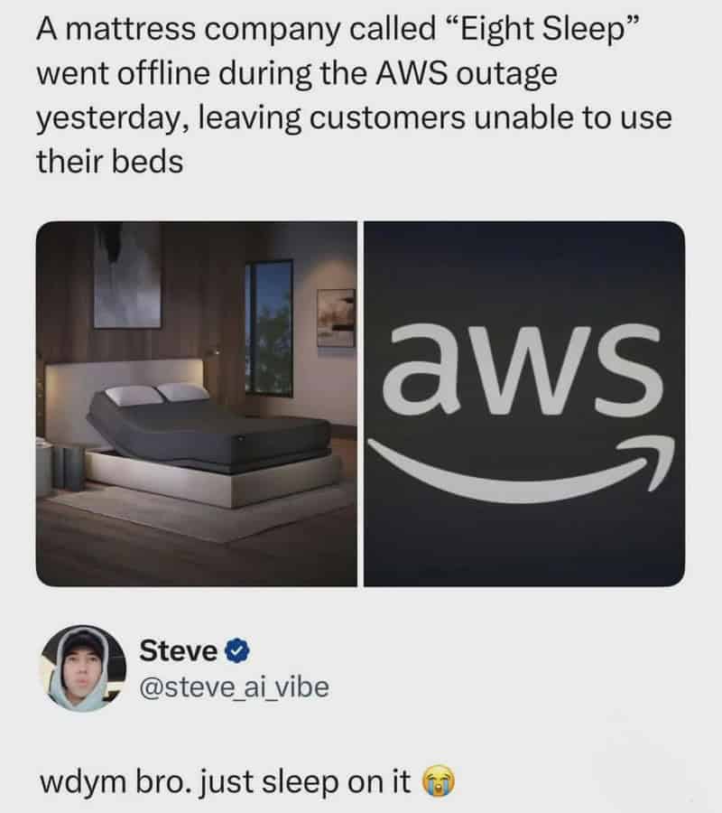 A bedroom with a bed and a window, next to an AWS logo, with a caption about Eight Sleep mattress.