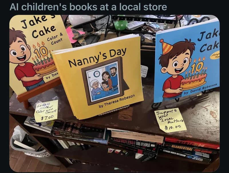 Children's books on a store table, including 'Jake's Cake' and 'Nanny's Day' by Theresa Robeson.