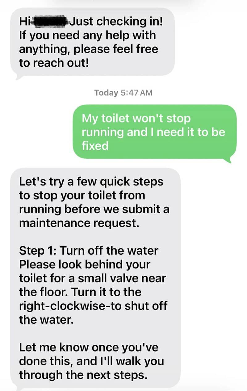 Text message conversation about fixing a running toilet, with instructions to turn off water.