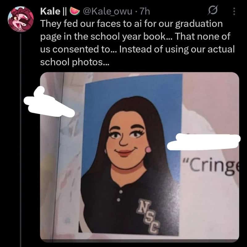 School yearbook page with a cartoon photo of a girl and the word 'Cringe'.