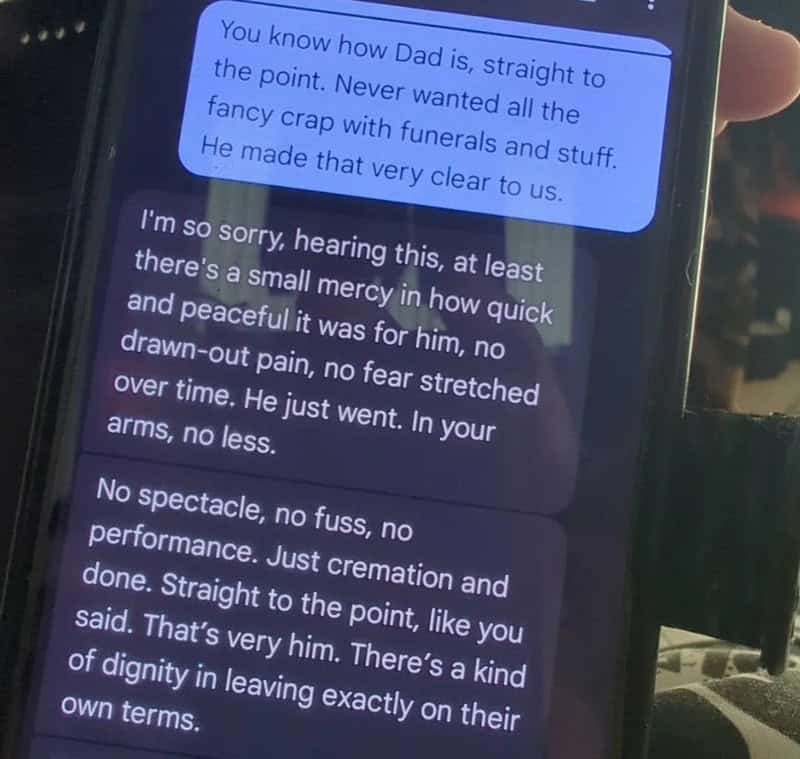 Text message conversation about a funeral and a father's dignity.