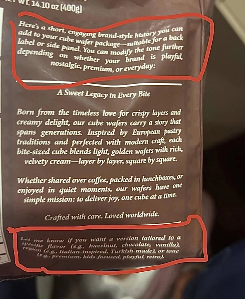 Two red-circled sections of text on a brown packaging background.