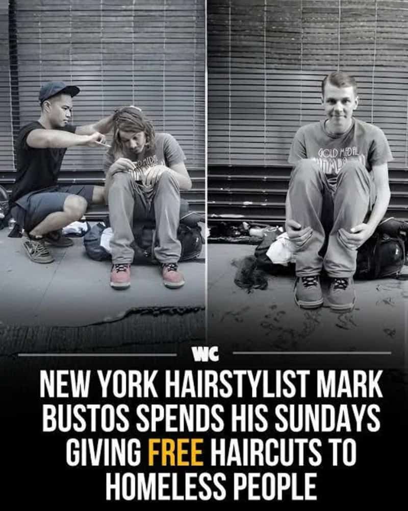 New York hairstylist Mark Bustos giving free haircuts to homeless people.