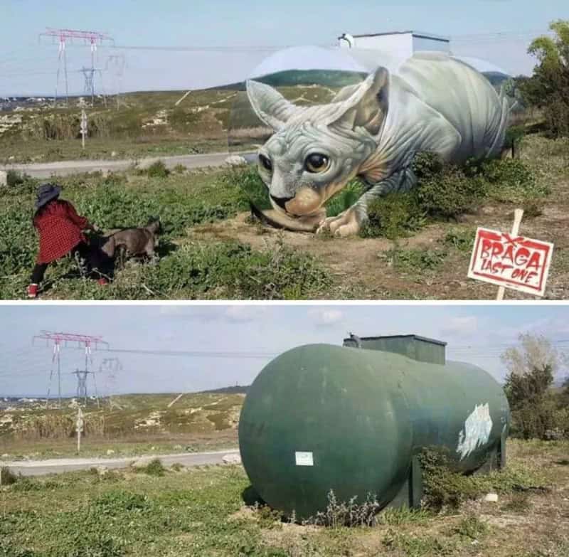 Giant cat sculpture and large green tank in a rural area.