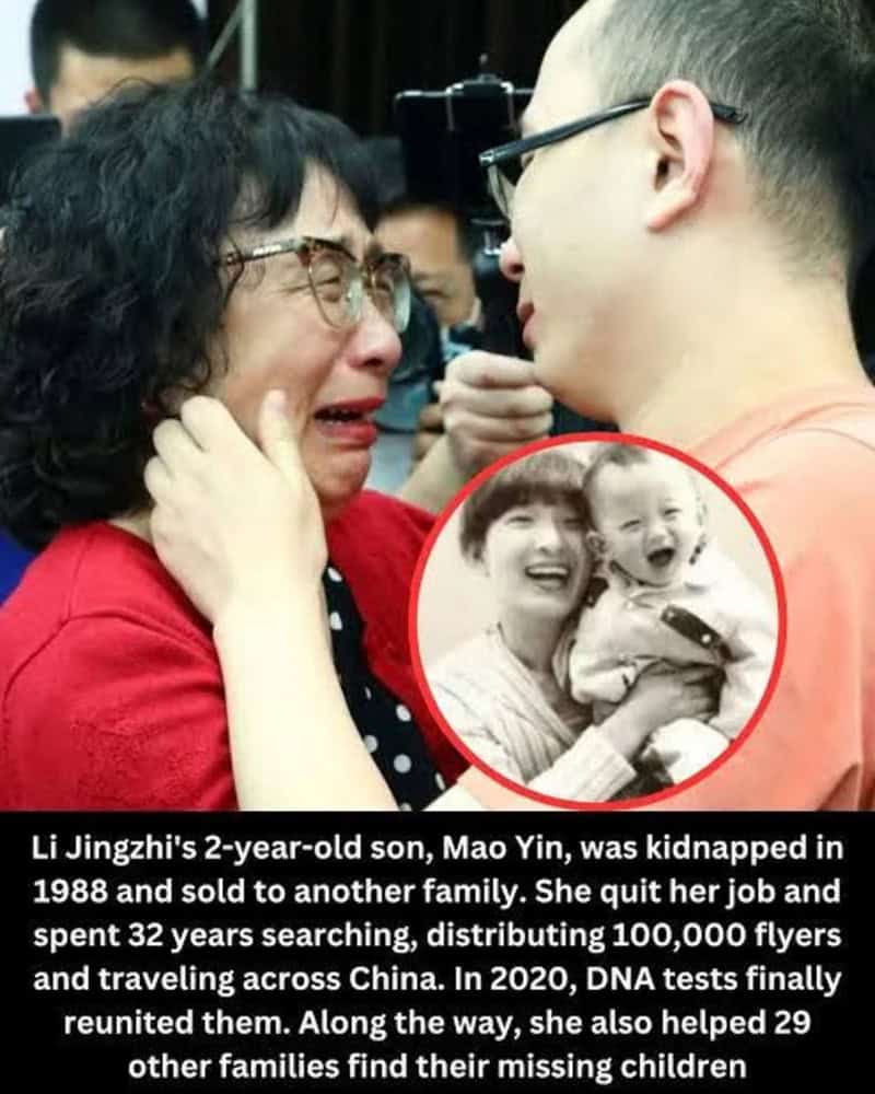 A woman crying as a young man comforts her, with a photo of a woman and child in a red circle.