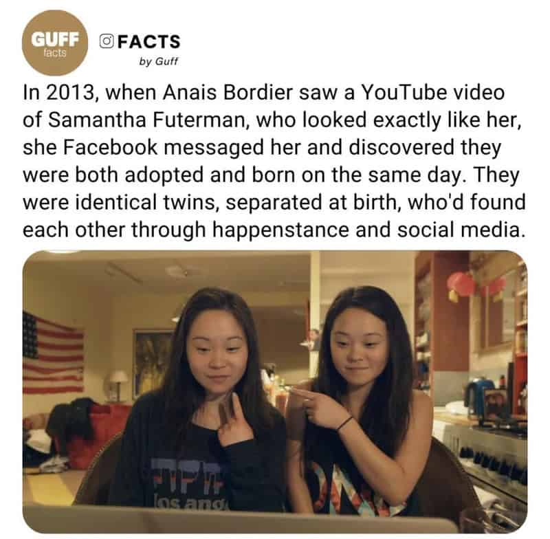 Two girls with similar features, one pointing at the other, in a room with American flag and musical.