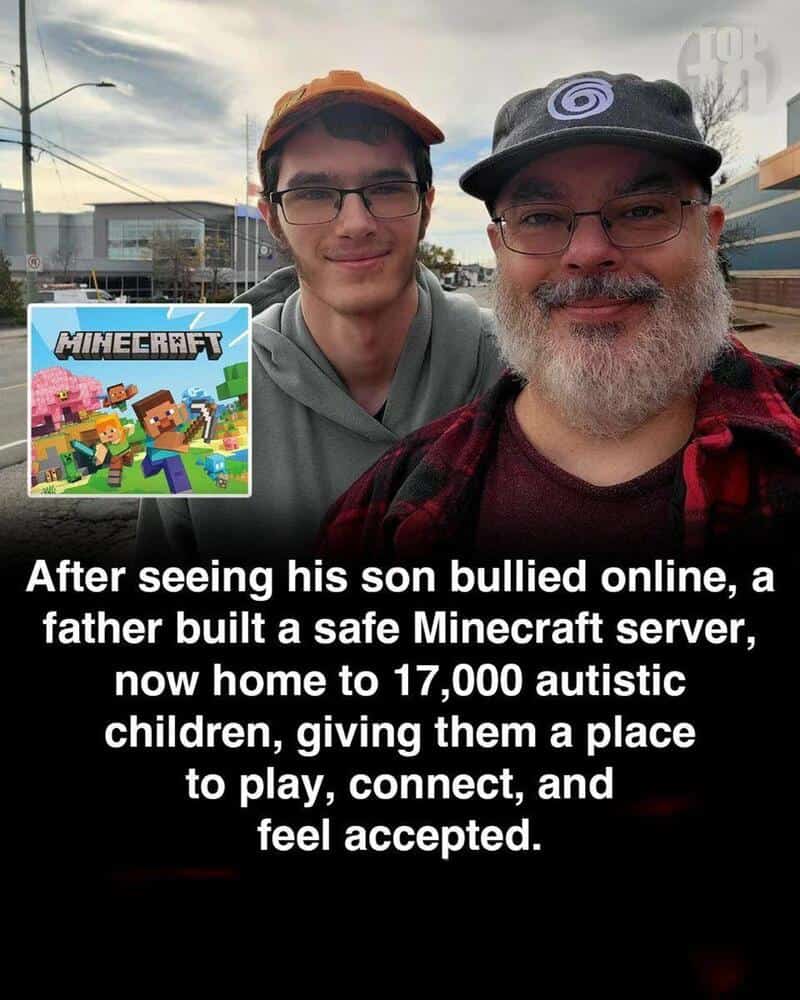 Father and son smiling outdoors with Minecraft poster, story about building a safe server.