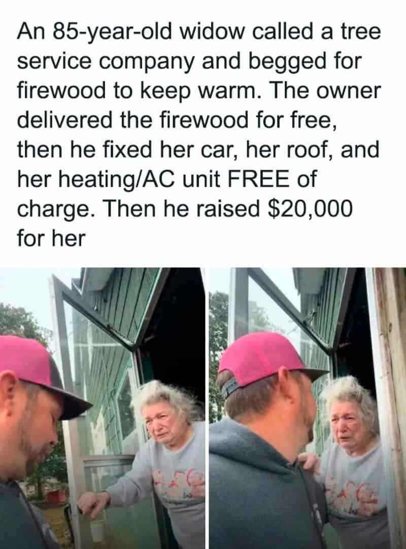 An 85-year-old widow receives help from a young man outside her home.