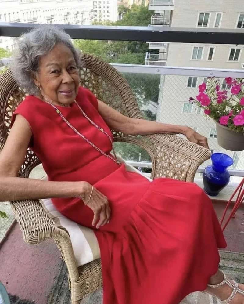 Elderly woman in a red dress sitting on a balcony with flowers and city view.