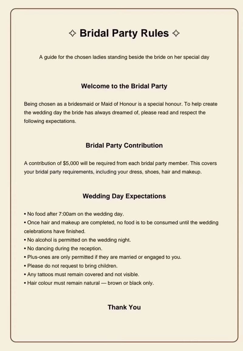 Bridal Party Rules for wedding day, including no food before 7am and no tattoos.