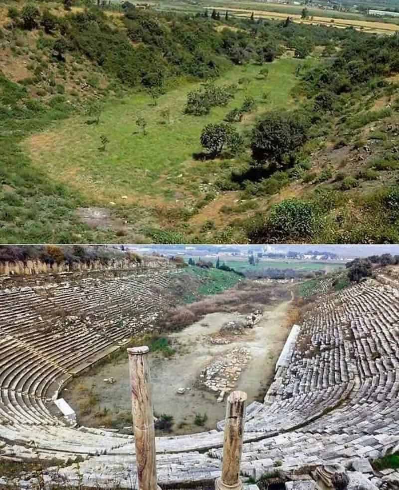 Scenic view of a lush green valley and an ancient stone amphitheater.