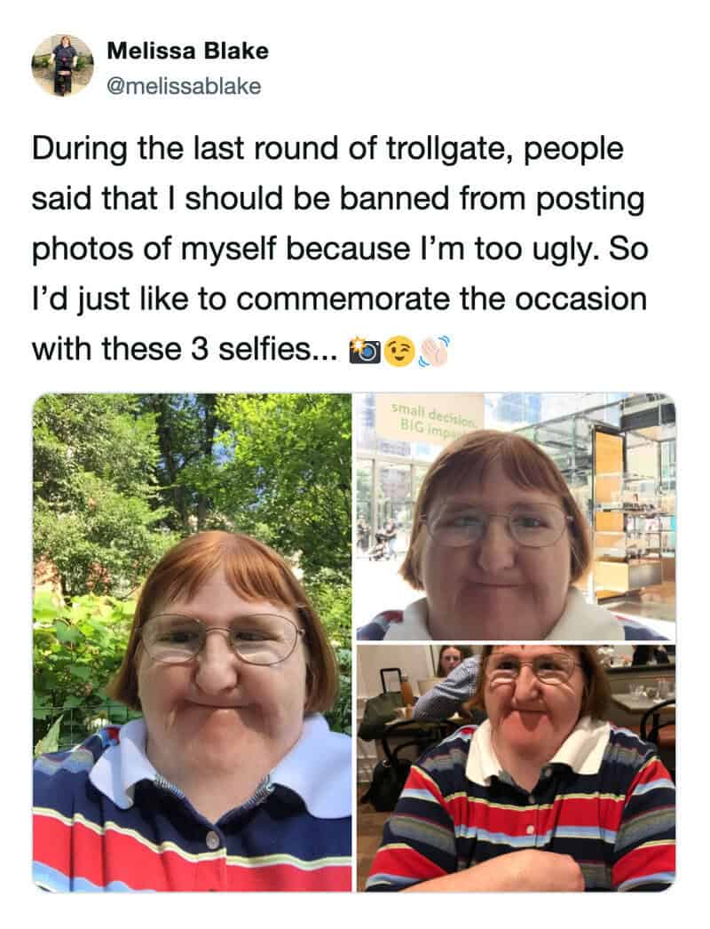 Three selfies of a woman with glasses and short hair, smiling in different settings.