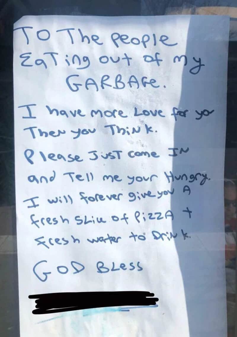 Handwritten note to people eating out of the writer's garbage.